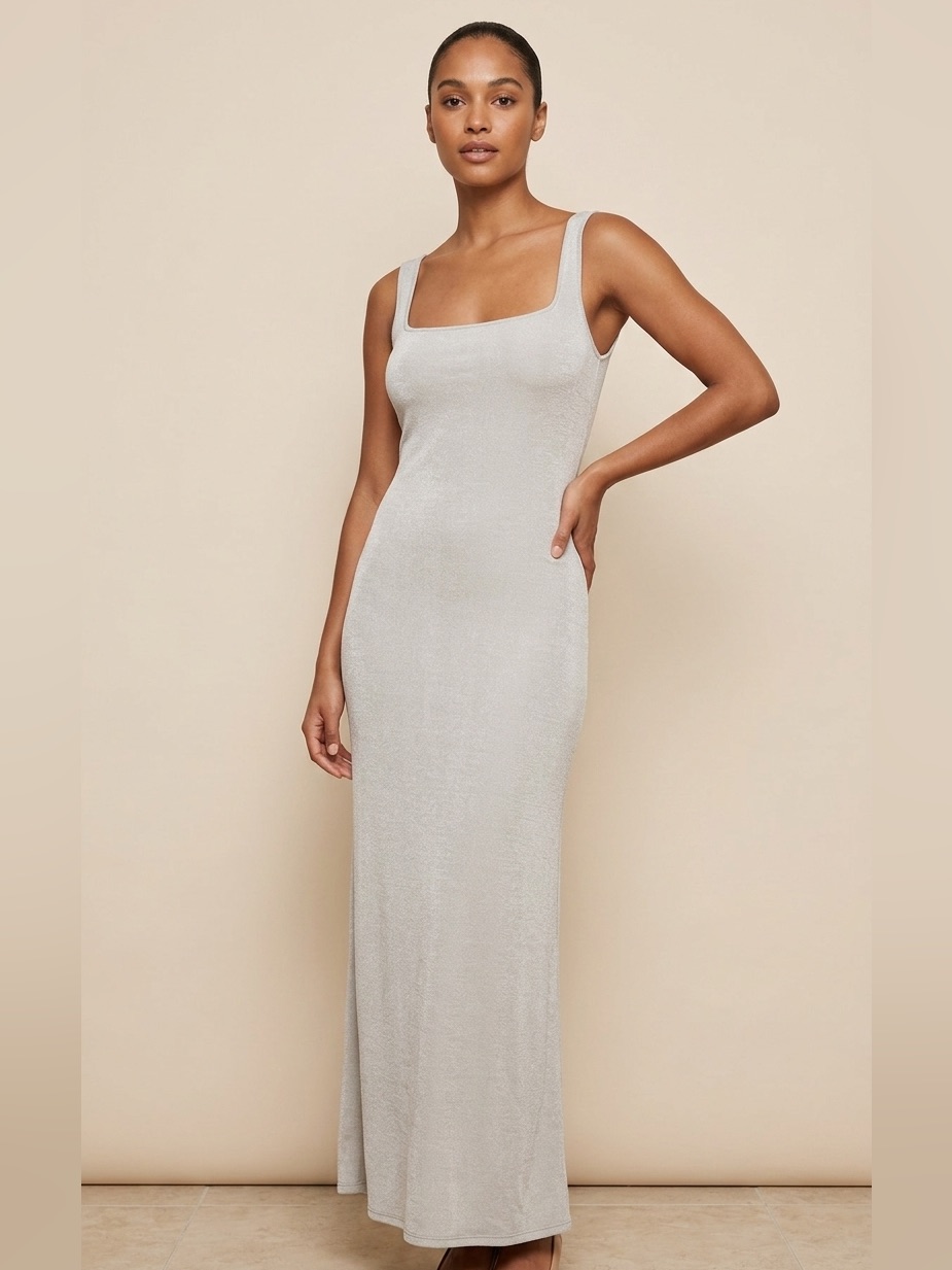 0329 - Wild Fable Light Silver Square-Neck Maxi Dress